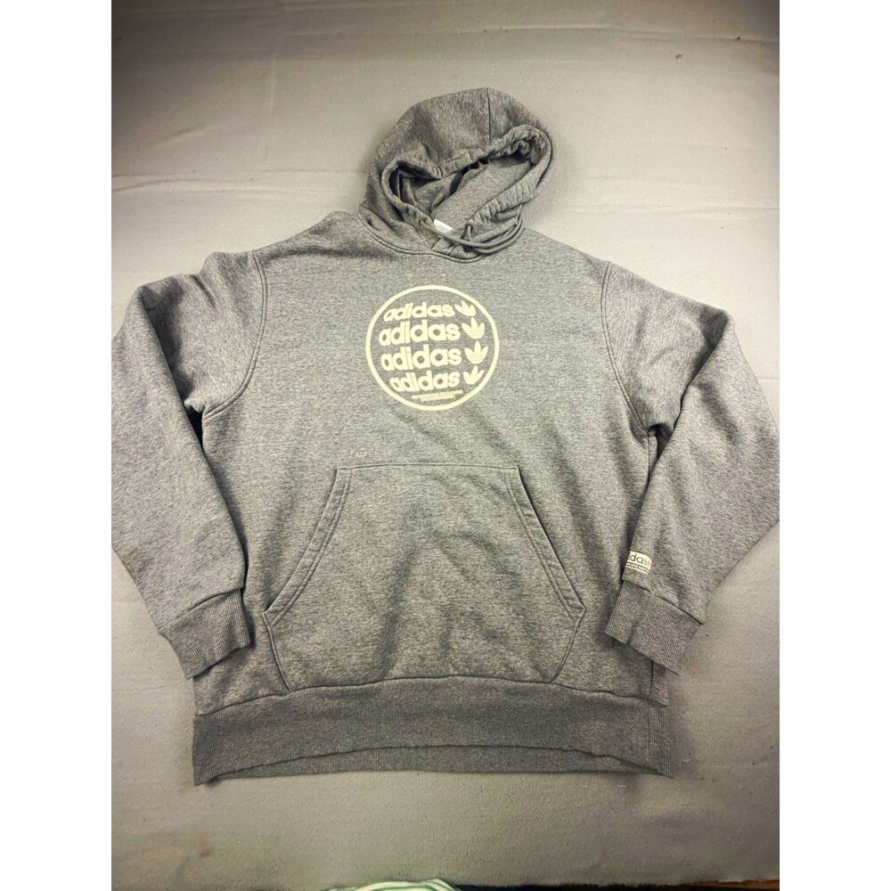 adidas Mens L Gray Fleece Pullover Hoodie Graphic Trefoil Logo Hooded Pockets